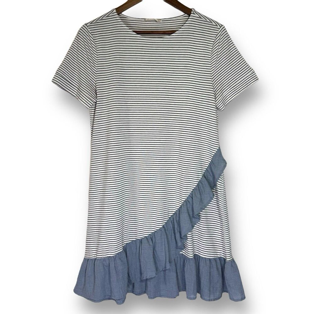 Altar'd State White and Blue Striped Ruffle Hem Dress